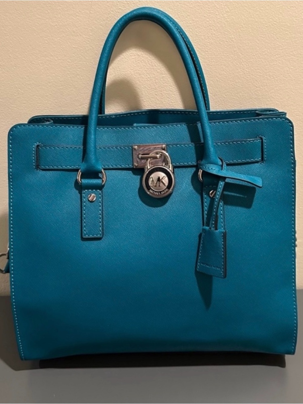 Michael Kors Teal Saffiano XL Hamilton Satchel with Signature Lock